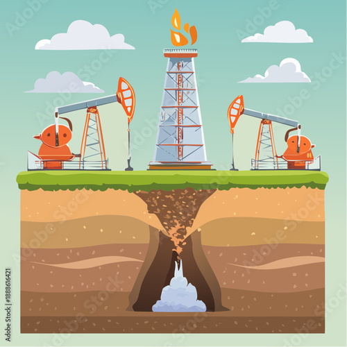 Oil Drilling and Extraction Process Flat Vector Illustration