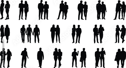 Silhouettes of paired individuals in expressive stances, ideal for relationship visuals, social behavior studies, and inclusive design or illustration projects.