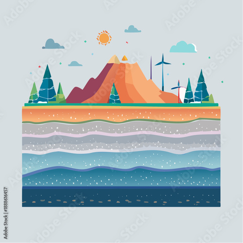 Flat Vector Illustration of Earths Cross section and Landscape