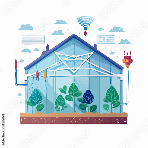 Smart Greenhouse Illustration with Plants, Wi fi, and Technology