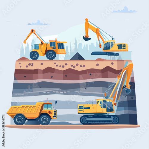 Mining Site Illustration Excavators and Dump Trucks Operating