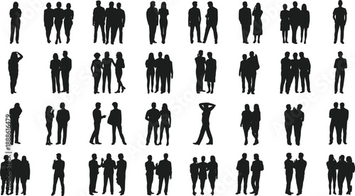 Silhouettes of people in pairs and small groups interacting casually, ideal for social behavior visuals, communication studies, and inclusive design applications.