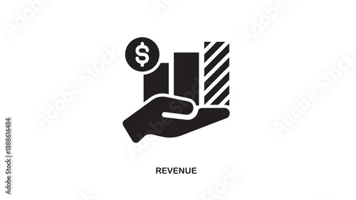 Black icon of a hand holding a dollar coin next to rising bar graph, representing financial growth and revenue increase.