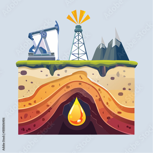 Oil Extraction Illustration Pump Jack, Derrick and Oil Drop