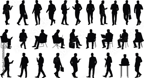 Silhouettes of professional men in business attire performing workplace activities, ideal for office scenes, career concepts, meetings, and corporate behavior illustrations.