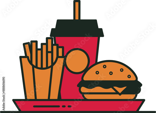 Colorful Fast Food Illustration with Burger, Fries, and Drink Logo Vector Design Template for Business and Identity