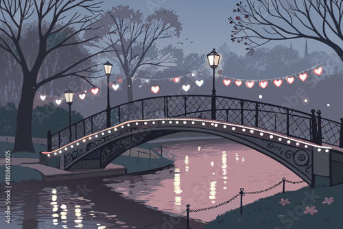 Depicting Romantic Bridge Decorated With Heart Lights Vibrant High-Quality Stock Image