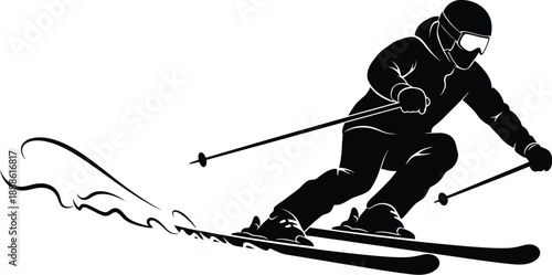 Dynamic skier in action a sleek black silhouette on transparent background