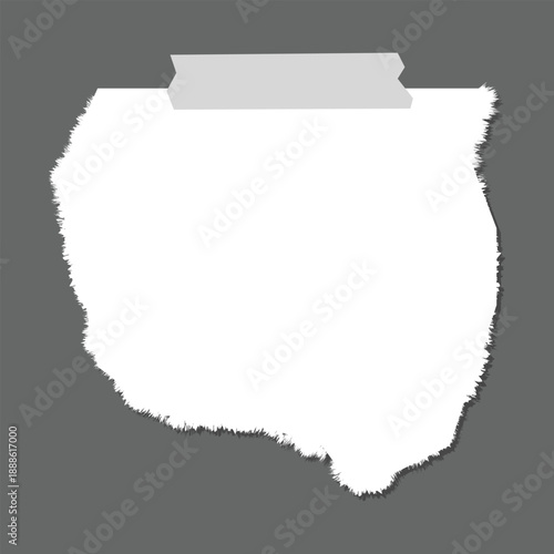 Torn White Paper Note with Tape on Gray Background, Ripped Paper Texture Frame