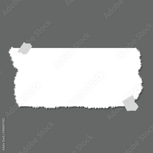 Torn White Paper Note with Tape on Gray Background, Ripped Paper Texture Frame