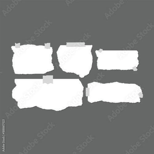 Torn White Paper Note with Tape on Gray Background, Ripped Paper Texture Frame