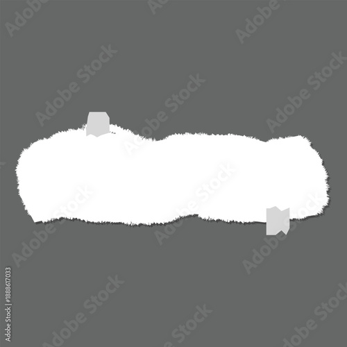 Torn White Paper Note with Tape on Gray Background, Ripped Paper Texture Frame