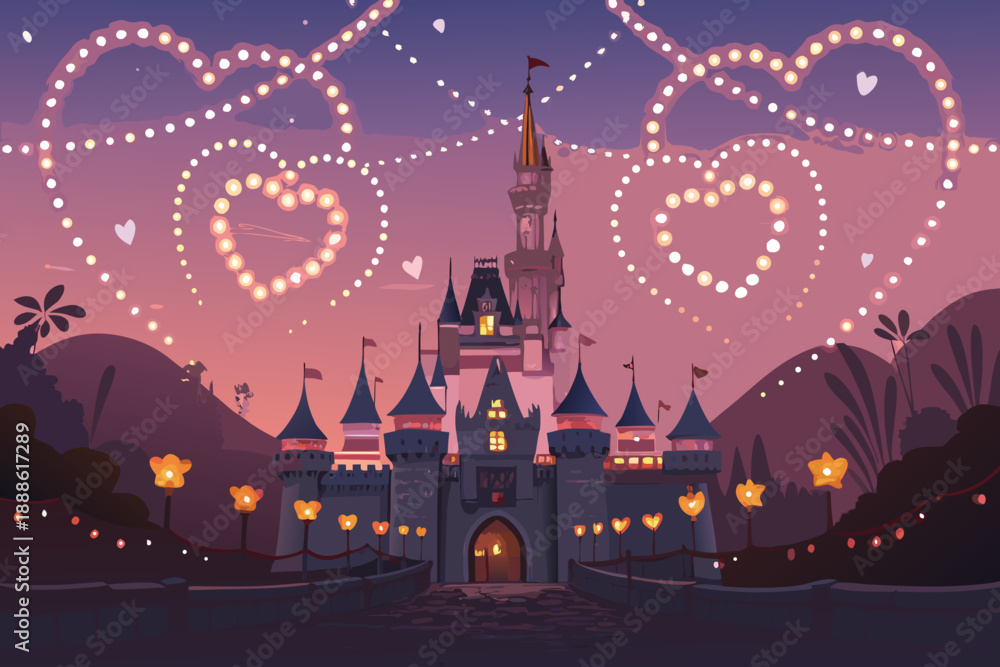 Naklejka premium Elegant Valentine Fairytale Castle Glowing With Hea Premium Digital Asset