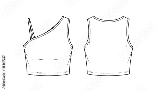 One Shoulder Sleeveless Crop Top Technical Fashion Sketch CAD Vector Template