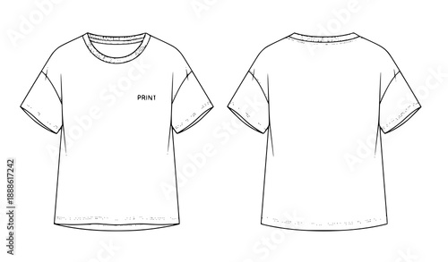 Women Dropped Shoulder T Shirt Fashion CAD Technical Flat Vector Template Front Back