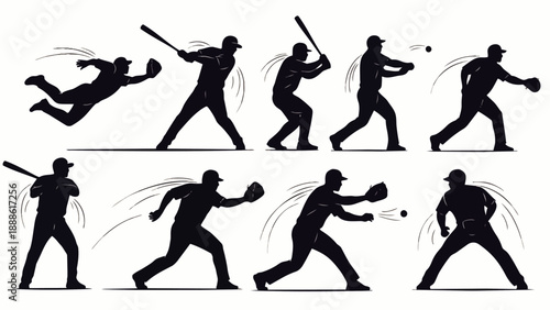 Baseball player silhouette collection. Dynamic vector illustrations of baseball players in various actions for icons, symbols, or logos.