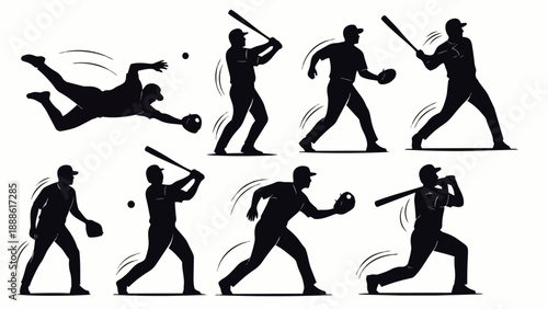 Baseball player silhouette collection. Dynamic vector illustrations of baseball players in various actions for icons, symbols, or logos.