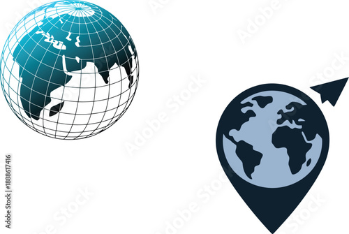 Two Globe Icons with Directional Arrow Pin Logo Vector Design Template for Business and Identity
