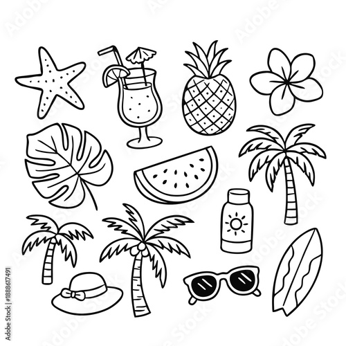 Set of hand drawn summer beach icons with tropical fruits drinks palm trees accessories and vacation elements in bold line style for stickers print web and kids design .eps