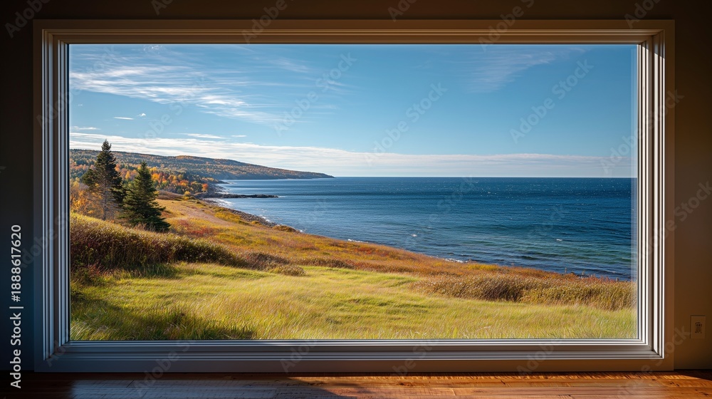 Fototapeta premium Serene ocean horizon view from a cozy modern room with golden hour sunlight
