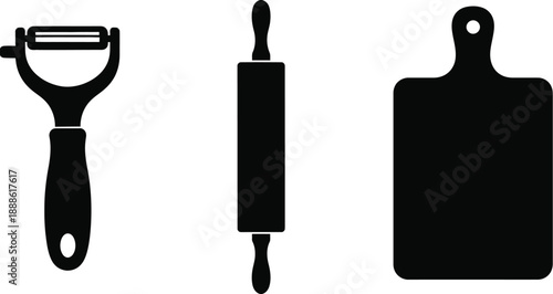 Kitchen tools including peeler rolling pin and cutting board silhouette on transparent background