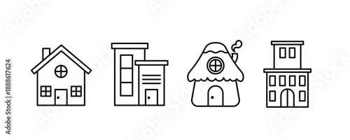 Black silhouette icon of residential houses and city neighborhood.