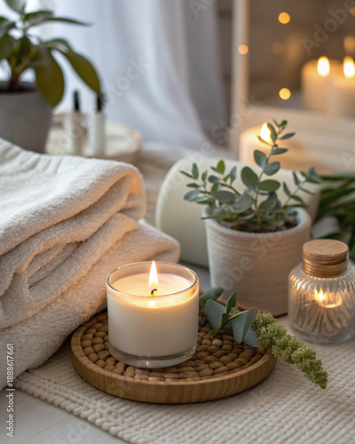 Self care and relaxation concept with candle, towels and natural decor at home
