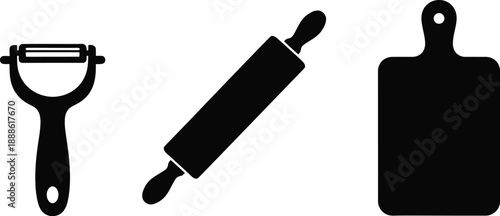Black kitchen tools including peeler rolling pin and cutting board silhouette on transparent background