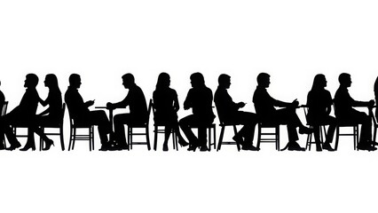 Seamless panorama of diverse business people silhouettes sitting in chairs, listening and interacting.