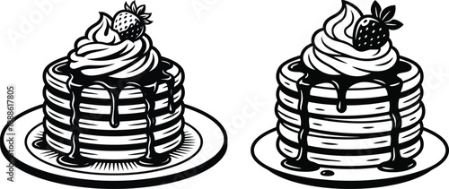 Delicious stacked pancakes with whipped cream and strawberry topping vector illustration