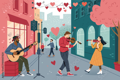 Valentine Street Musicians Playing Love Son High-Quality Stock Image Perfect for Editorial Content