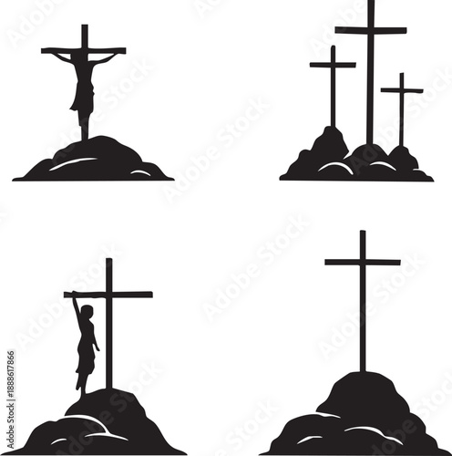   
Crucifixion Scene Silhouette Vector Set – 4 Black Religious Illustrations of Crosses on Hills for Christian Easter, Faith-Based Art, and Holy Week Reflections