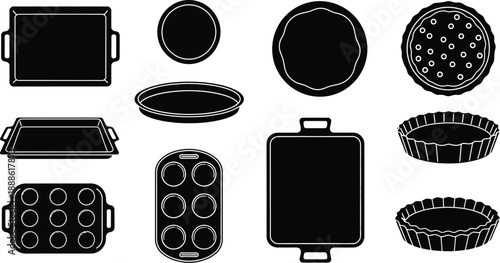 Black cookware set icons including various baking dishes on transparent background silhouette