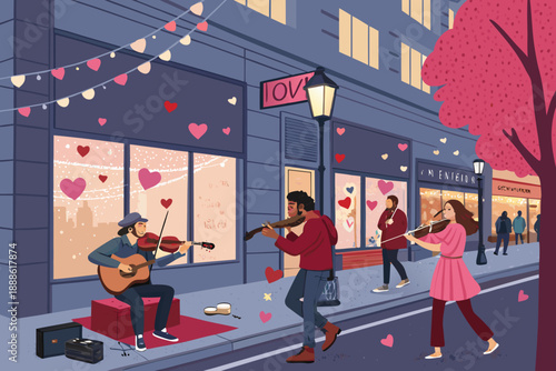 Depicting Valentine Street Musicians Playing Love Son Vibrant Creative Visual