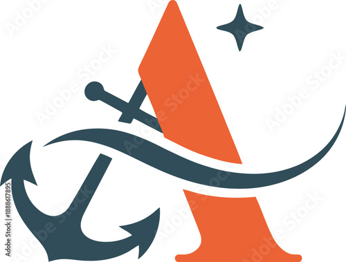 Bold Orange Triangle with Dark Blue Anchor and Star Logo Vector Design Template for Business and Identity