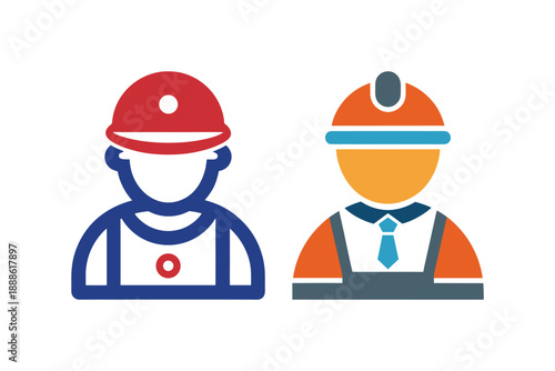 Set of construction worker icons with safety helmets and uniforms for industrial career concepts art