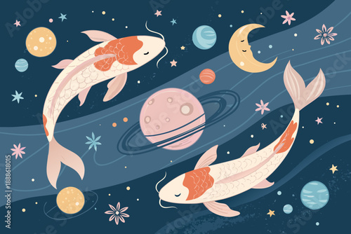 Featuring Whimsical Pastel Koi Fish Floating Among Planets Crisp High-Quality Stock Image