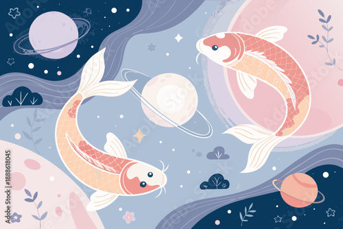 Crisp Whimsical Pastel Koi Fish Floating Among Planets High-Quality Stock Image