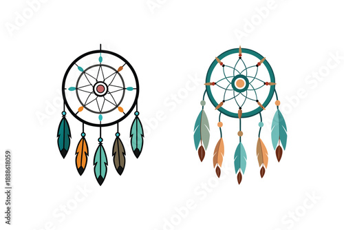 Two dreamcatcher symbols with colorful feathers and intricate web patterns native american ornaments
