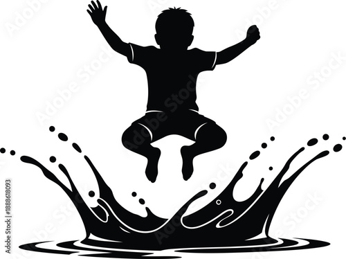 Joyful child jumping in water splash black silhouette on transparent background