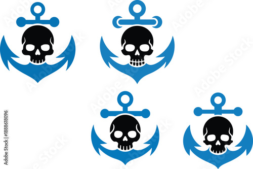 Set of Four Blue Anchor Skull Vector Icons Logo Vector Design Template for Business and Identity