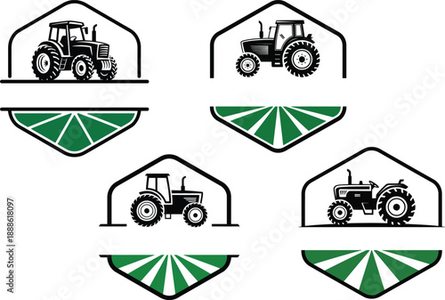 Black and White Tractor and Shield Icon Set Logo Vector Design Template for Business and Identity