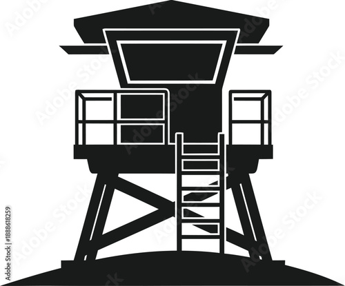 Black lifeguard tower illustration with ladder ideal for design on transparent background silhouette