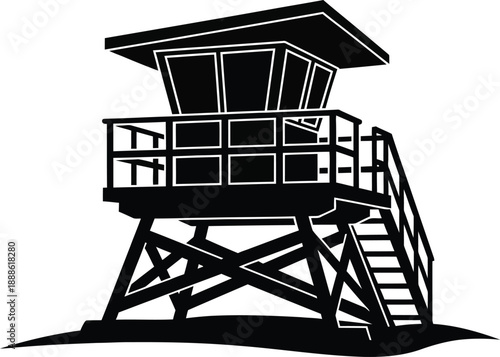 Black lifeguard tower illustration with detailed structure on transparent background silhouette