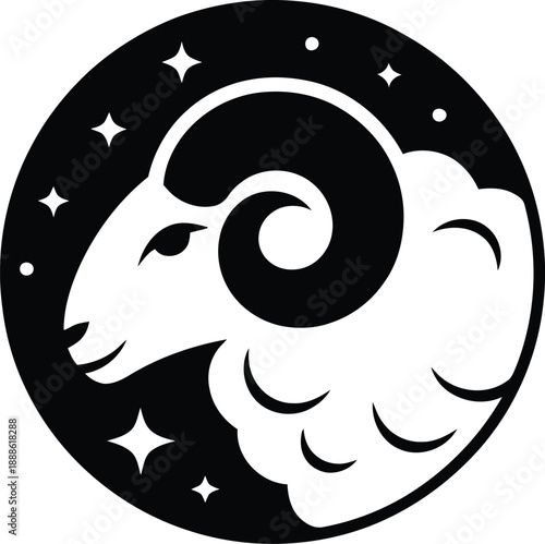 Aries Zodiac Symbol with Stars in Black and White Logo Vector Design Template for Business and Identity
