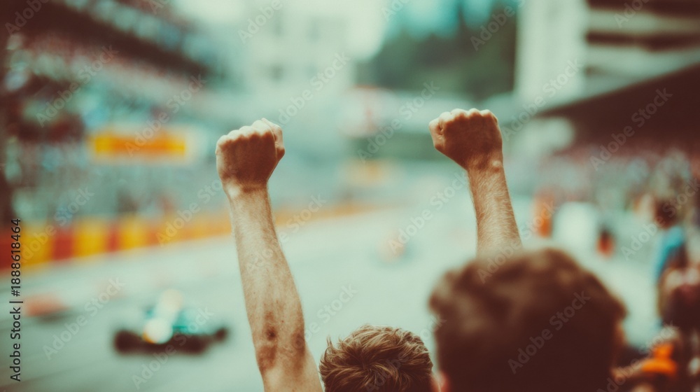 Fototapeta premium Fans celebrate a race victory at a motor racing event in the afternoon sun