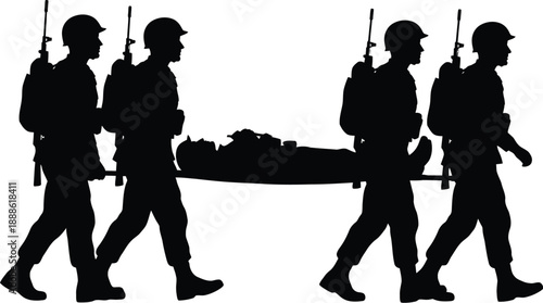 Soldiers carrying a stretcher black silhouette on transparent background high quality