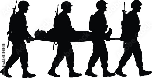 Soldiers carrying injured comrade military procession stark contrast on transparent background silhouette