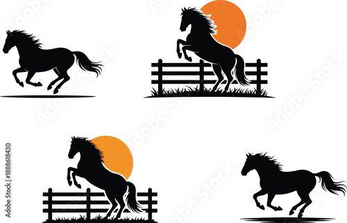 Silhouette Horses in Motion with Sunset Background Logo Vector Design Template for Business and Identity