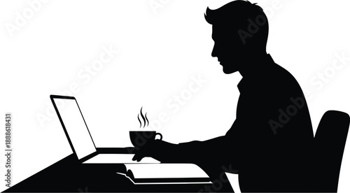Man working on laptop with coffee black silhouette on transparent background